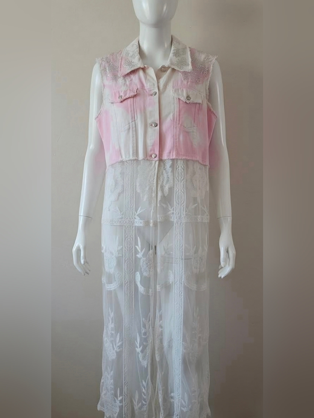 Re-created Sheer White Lace Shacket with Pink Cropped Vest